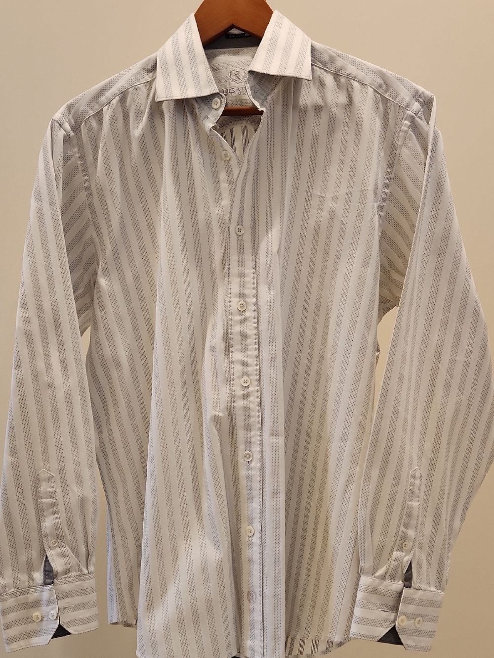 Bugatchi White Dress Shirt with Light Gray Vertical Stripes